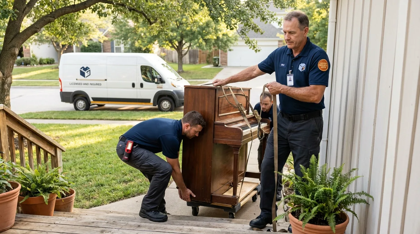 Licensed piano movers securing grand piano in Olympia Fields, IL