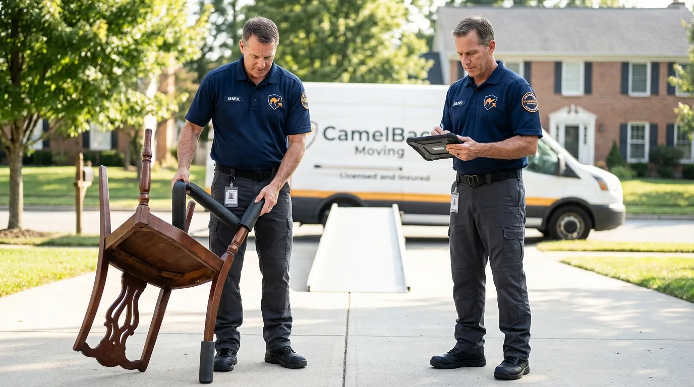Movers inspecting furniture for damage prevention before loading in Olympia Fields, IL